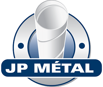 Logo de JP Métal représentant un tube métallique cylindrique placé verticalement au-dessus d'une base circulaire métallique comportant deux trous de fixation, avec l'inscription « JP MÉTAL » en lettres blanches en gras sur un fond rectangulaire bleu en dessous.